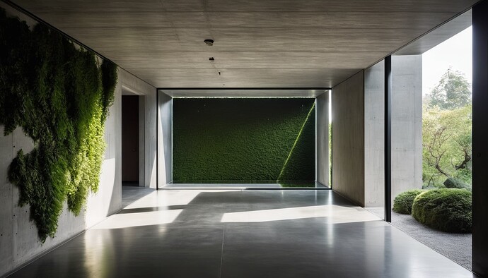 2024-10-10 18-27-44 - concrete room, an outdoor space at the end of the rooms, casts light into the room, lots of green pl