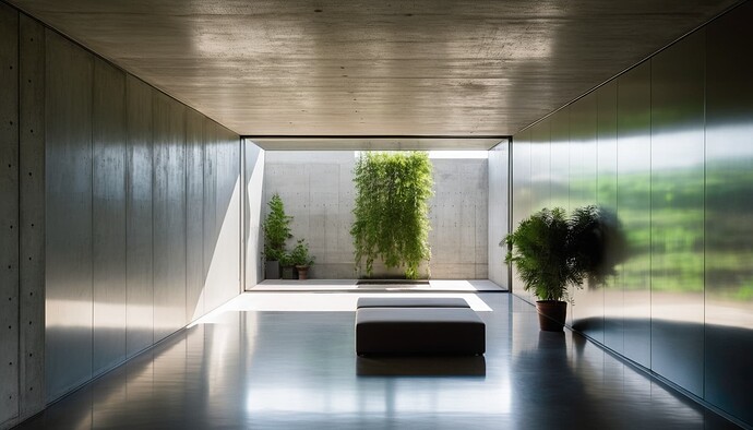 2024-10-10 19-02-51 - concrete room, an outdoor space at the end of the rooms, casts light into the room, lots of green pl