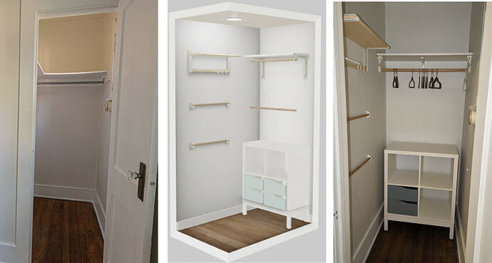 Nursery Closet Storage Redesign. From left to right: original, IKEA design, built