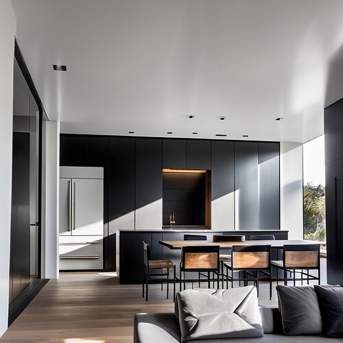 2024-02-22 22-50-24 - kitchen, white walls, black cabinets, warm mood, white ceiling, gray wood floor