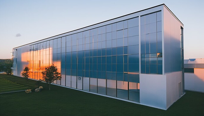 2023-06-25 15-22-41 - orange and blue glazing, aluminum panels, during spring, designed by rem koolhaas, golden hour, fore