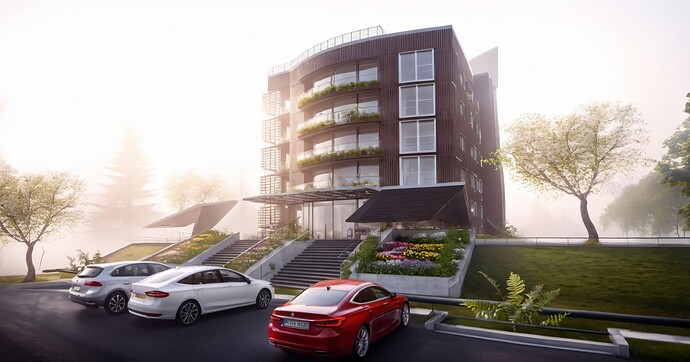 2024-01-19 11-53-32 - exterior facade, balconies, large windows, cars on the front, surrounded by trees, urban city backgr