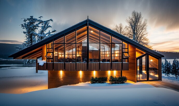 2024-01-29 02-01-17 - modern design with large windows, interior lights, timber building, during winter, ((snow)), blizzar
