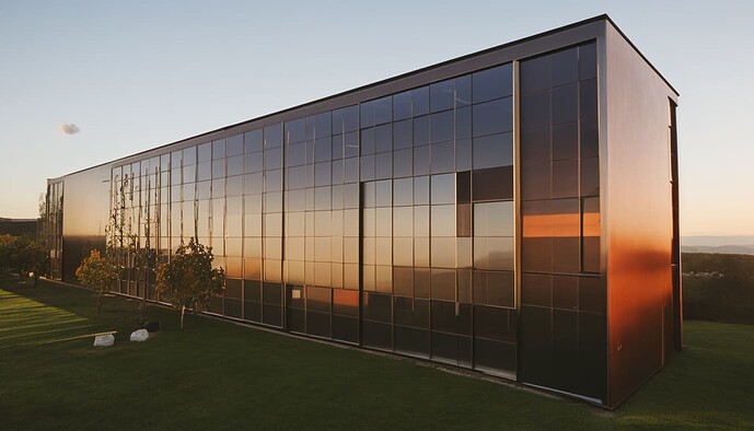 2023-06-25 15-11-23 - orange and blue glazing, aluminum panels, during spring, designed by rem koolhaas, golden hour, fore