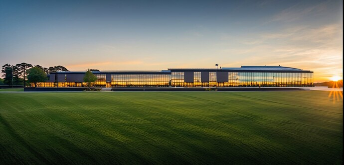 2025-05-08 10-01-26 - commercial office space, large glass windows, shingle roof, large green trees, sunset, golden hour (1)