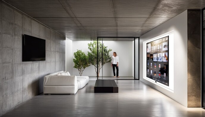 2024-10-10 19-48-07 - concrete basement space, outdoor area casts light into the room, white sofa, tv on the right wall