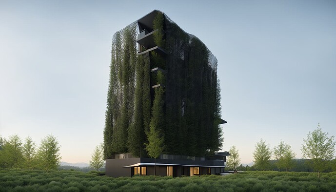 02 - Modern biophilic architectural building, photorealistic rendering, modern black finishes, parametric