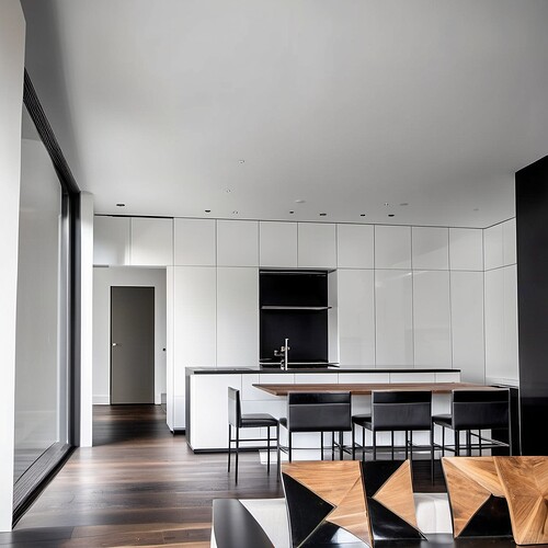 2024-02-22 22-50-47 - kitchen, white walls, black cabinets, warm mood, white ceiling, gray wood floor