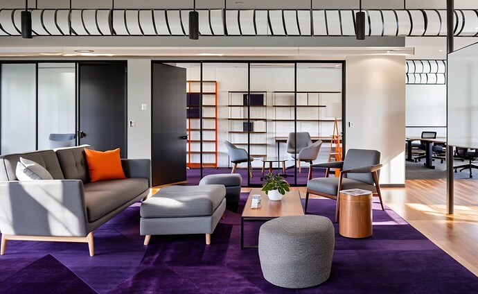 2024-09-28 11-20-48 - Comfortable seating area in office, Shiny wood flooring, Thick deep, bright purple rug with a square