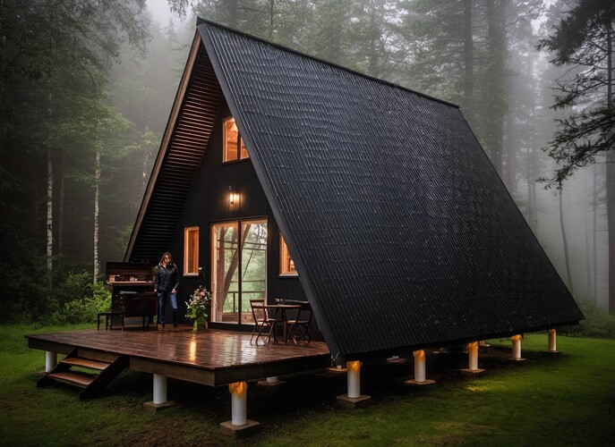 2023-11-16 23-01-55 - cabin in the woods with large windows, during rain, tall grass