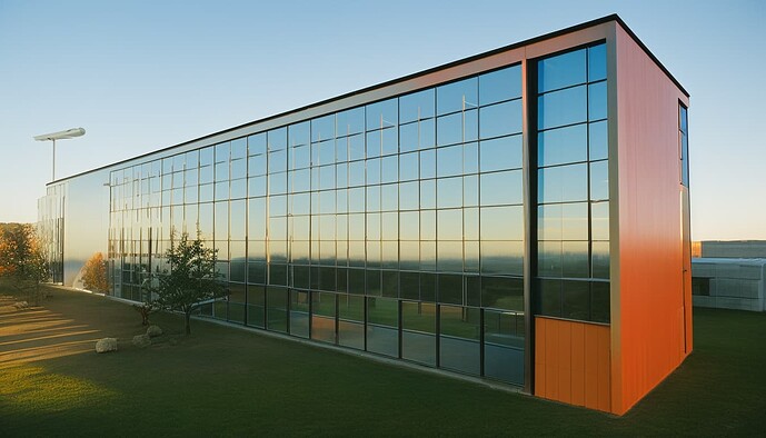 2023-06-25 15-28-19 - orange and blue glazing, aluminum panels, during spring, designed by rem koolhaas, golden hour, fore