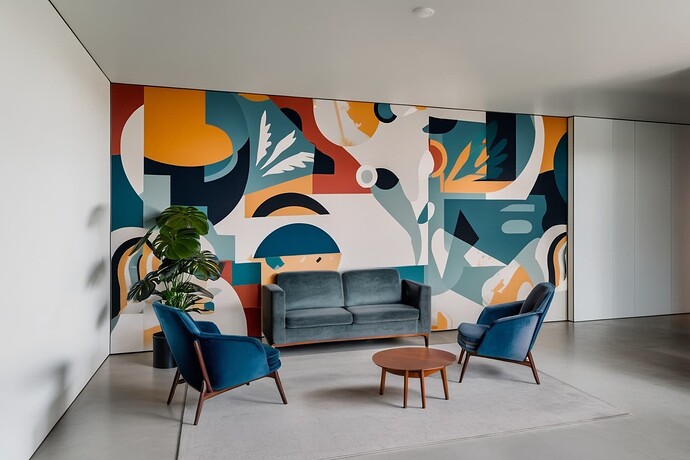 2024-10-05 02-19-19 - a room with couch, chairs and plant in corner, and abstract colorful graphic on wall