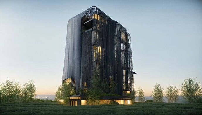 2023-03-29 09-49-21 - Modern biophilic architectural building, photorealistic rendering, modern black finishes, parametric
