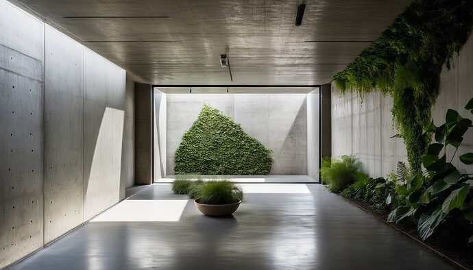 2024-10-10 18-15-10 - concrete room, an outdoor space at the end of the rooms, casts light into the room, lots of green pl