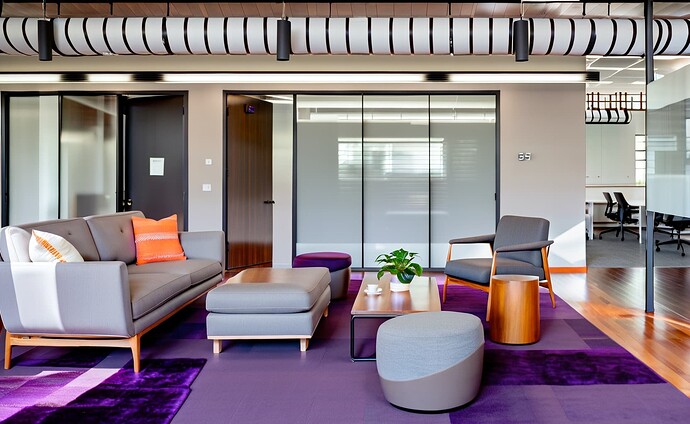 2024-09-28 13-05-56 - Office comfortable seating area, Shiny wood flooring,  Thick deep, bright purple rug, square geometr