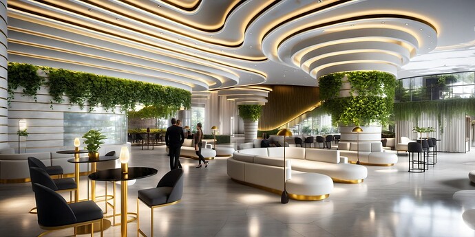 2024-01-18 15-56-22 - Lounge, modern design, ceiling strip lights, reflecting flooring, hanging vegetation from columns, w