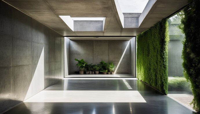 2024-10-10 19-00-41 - concrete room, an outdoor space casts light into the room, lots of green plants an small trees in th