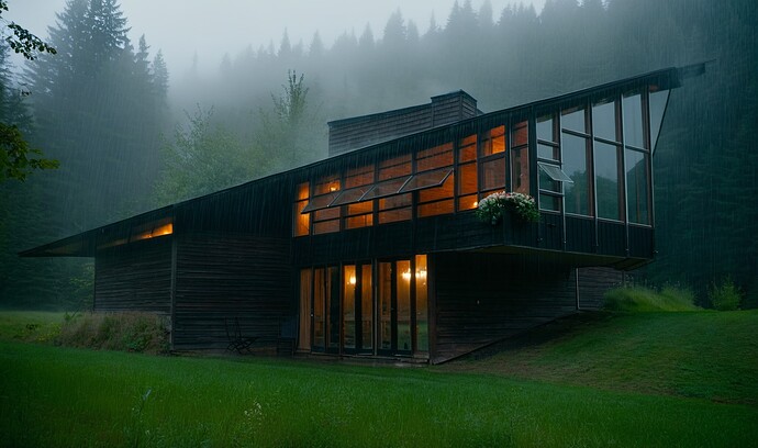 2024-01-29 01-50-19 - cabin in the woods with large windows, during rain, tall grass, cinematic