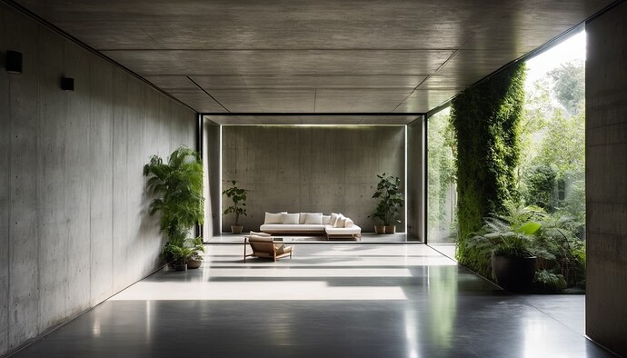 2024-10-10 18-12-59 - concrete room, an outdoor space casts light into the room, lots of green plants an small trees in th