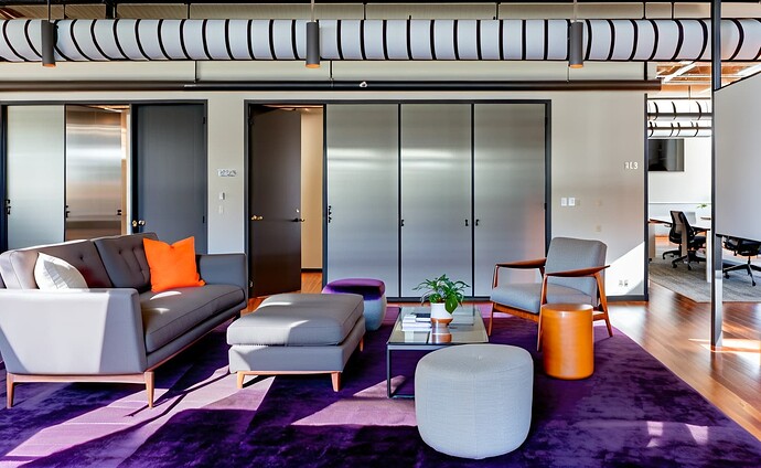 2024-09-28 13-09-57 - Office comfortable seating area, Shiny wood flooring,  Thick deep, bright purple rug, square geometr