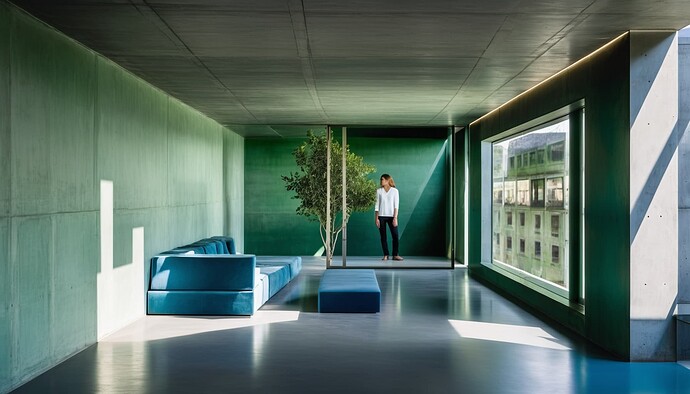 2024-10-10 19-32-25 - concrete basement space, large green outdoor area casts light into the room, blue colour is the sky