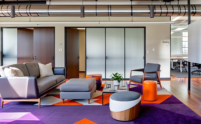 2024-09-28 13-08-22 - Office comfortable seating area, Shiny wood flooring,  Thick deep, bright purple rug, square geometr