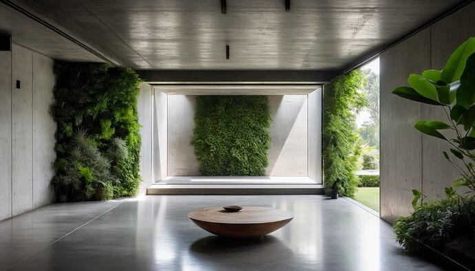 2024-10-10 19-00-40 - concrete room, an outdoor space casts light into the room, lots of green plants an small trees in th