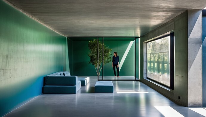 2024-10-10 19-32-23 - concrete basement space, large green outdoor area casts light into the room, blue colour is the sky