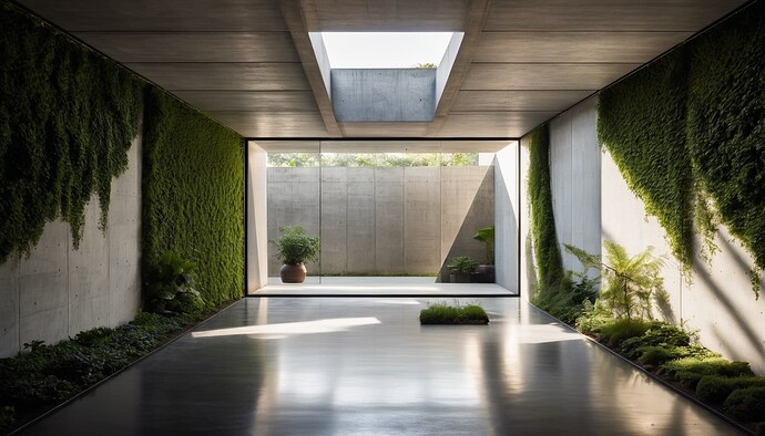 2024-10-10 18-27-47 - concrete room, an outdoor space at the end of the rooms, casts light into the room, lots of green pl