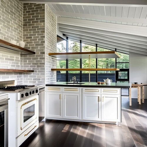 2023-09-30 01-33-14 - kitchen, white walls, white ceiling, gray wood floor, forest outside seen through the larger glass w