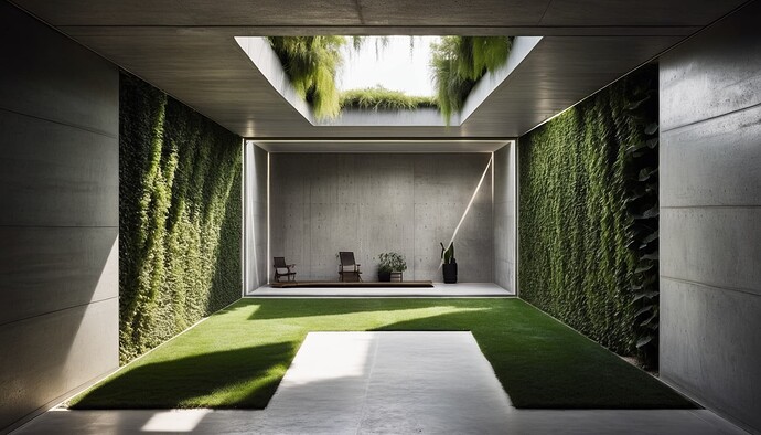 2024-10-10 19-00-46 - concrete room, an outdoor space casts light into the room, lots of green plants an small trees in th