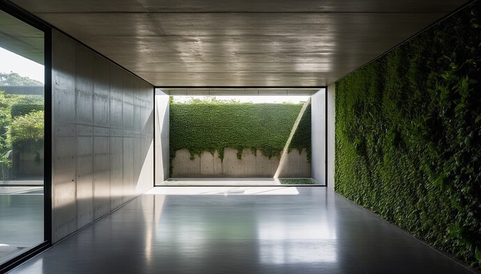 2024-10-10 18-27-43 - concrete room, an outdoor space at the end of the rooms, casts light into the room, lots of green pl