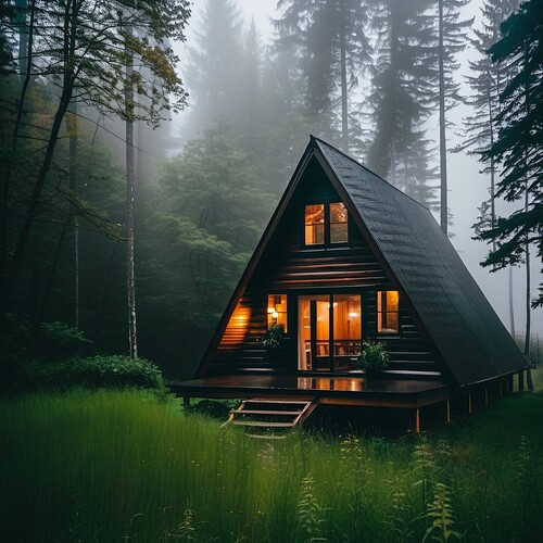 2023-11-16 16-31-42 - cabin in the woods with large windows, during rain, tall grass