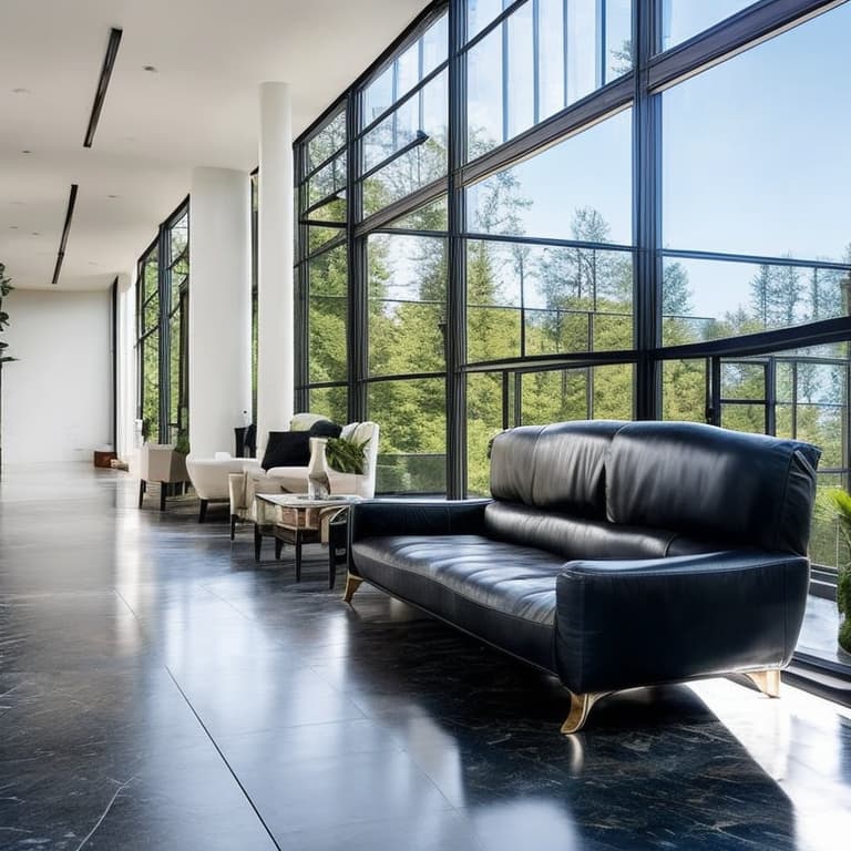2023-08-23 14-35-51 - Joanna Gaines, marble floor, skylights, black leather couch, forest seen through large windows, blue