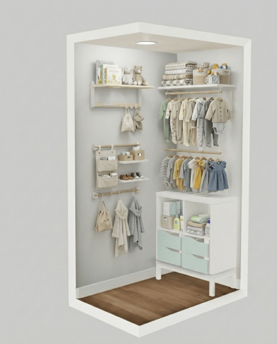 IKEA design, but Veras (1) added the clothing hanger rods, and then (2) imagined it populated with baby stuff!