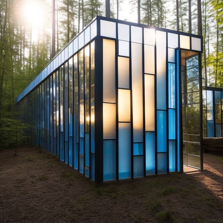 2023-08-23 14-30-36 - blue glass, silver mullions, in a forest, designed by Frank Lloyd Wright, interior lighting, golden