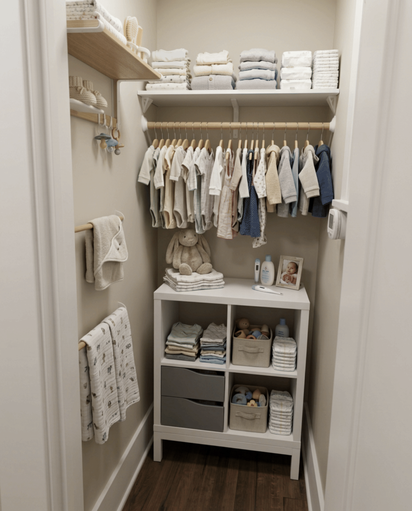 (4) Veras renderings of the closet with the storage shelves installed and full of baby stuff.